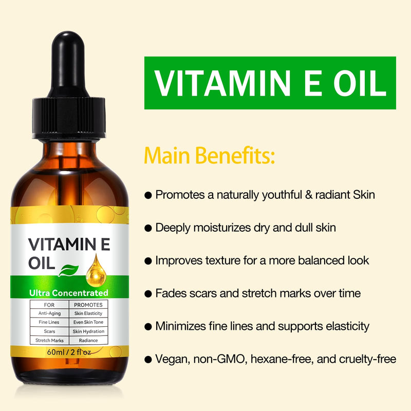 Liefiet Vitamin E Oil, Pure Vitamin E Oil for Skin, Scars, Nails and Scalp, Face and Body Moisturizer, Hydrating Dry Skin, Reduce Stretch Marks, Fine Lines & Wrinkles, 2Fl Oz (Pack of 2) 2 Fl Oz (Pack of 2)