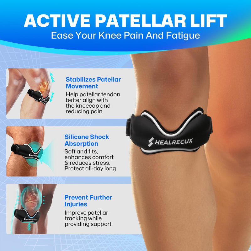 Patellar Tendon Support Strap, Silicone Patella Knee Strap, Non-Slip Patella Stabilizer Knee Band for Jumpers Knee, Tendonitis, Basketball, Volleyball, Squats - Black 2 Pack 1