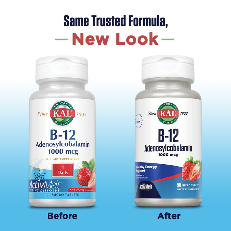 KAL Vitamin B12 Adenosylcobalamin 1000 mcg, 90 ActiveMelt Micro Tablets | B 12 Vitamin, Active B-12 1000mcg for Women & Men, Energy Support - Strawberry Flavor 90 Count (Pack of 1)