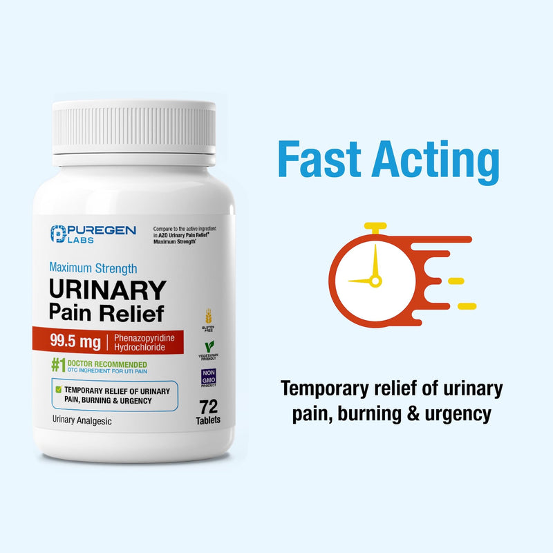 Puregen Labs Urinary Pain Relief | Phenazopyridine HCl 99.5mg Tablets | Maximum Strength OTC for Fast Relief of UTI Pain, Burning and Bladder discomfort – 72 Count Tablets - BeesActive Australia