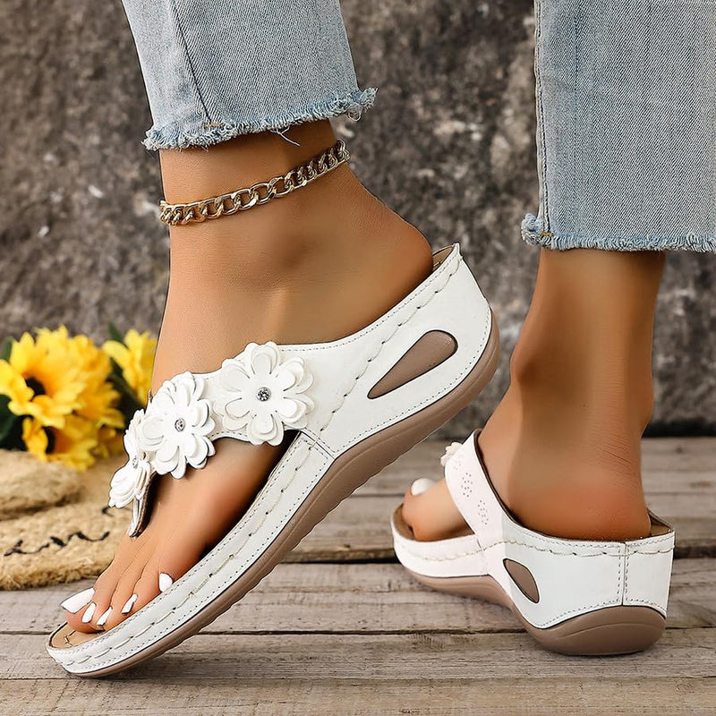RiceelSor Orthopedic Sandals with Arch Support Flip Flops for Women Comfortable Flower Platform Wedge Sandals Dressy Slip on Thong Slippers for Summer Beach Walking 10 White