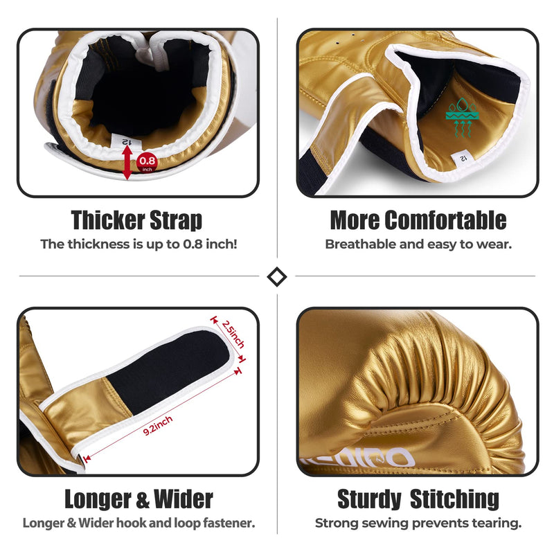 Boxing Gloves for Men & Women, Premium Leather Sparring Heavy Bag Training Gloves, Pro Punching Bag Gloves for Muay Thai, Kickboxing, MMA 14OZ Gold