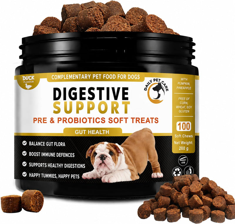 Probiotics for Dogs – Dog Probiotic Soft Chews Duck Flavour with 5 Billion CFU Pre & Probiotics – Daily Digestive & Gut Support Supplement for Dogs – Pumpkin & Linseed Oil – 100 Chews