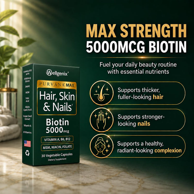 Wellgenix Purvana MAX Hair Skin & Nails Vitamins, Biotin 5000, 60 Ct 2-Pack | Biotin, MSM & hyaluronic acid in vegetable capsules for thicker, fuller hair, stronger nails & a clearer, radiant complexion 30 Count (Pack of 2)