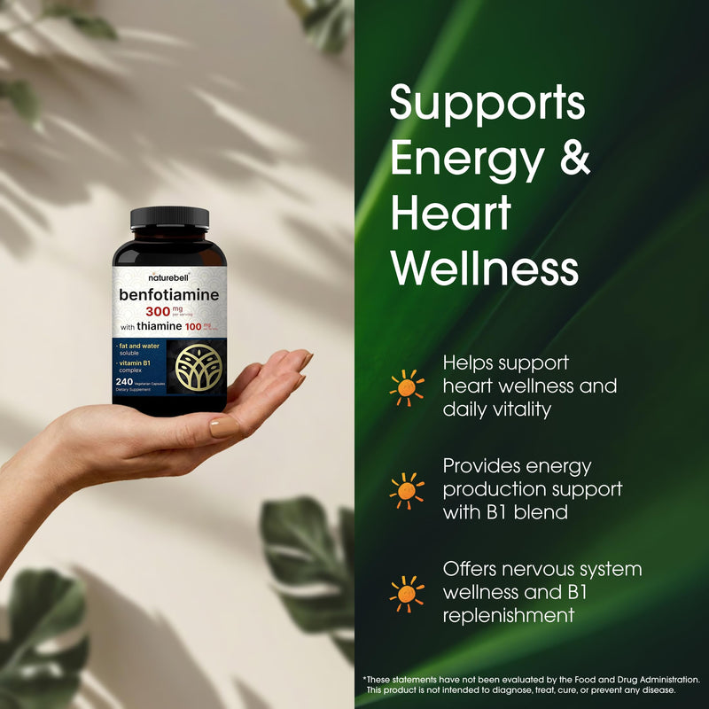 NatureBell Benfotiamine with Thiamine - 240 Vegetarian Capsules - 300mg Benfotiamine & 100mg Thiamine - for Heart Health, Energy Production & Nervous System Support* - Vitamin B1 Complex