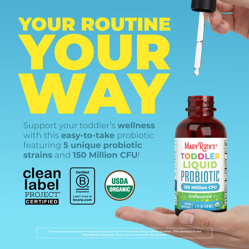 MaryRuth's Organic Toddler Probiotic Liquid Drops, Sugar Free, Ages 1-3 | 5 Probiotic Strains, 150 Million CFU Per Serving, USDA Organic, Sugar Free, Vegan