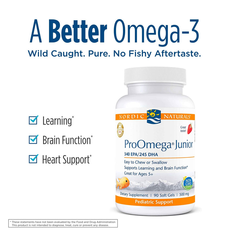 Nordic Naturals ProOmega Junior - Fish Oil, 340 mg EPA, 245 mg DHA, Support for Healthy Neurological, Nervous System, Eye, and Immune System Development*, Strawberry Flavor, 90 Soft Gels | 340 mg EPA, 245 mg DHA, Support for Healthy Neurological, Nervo...