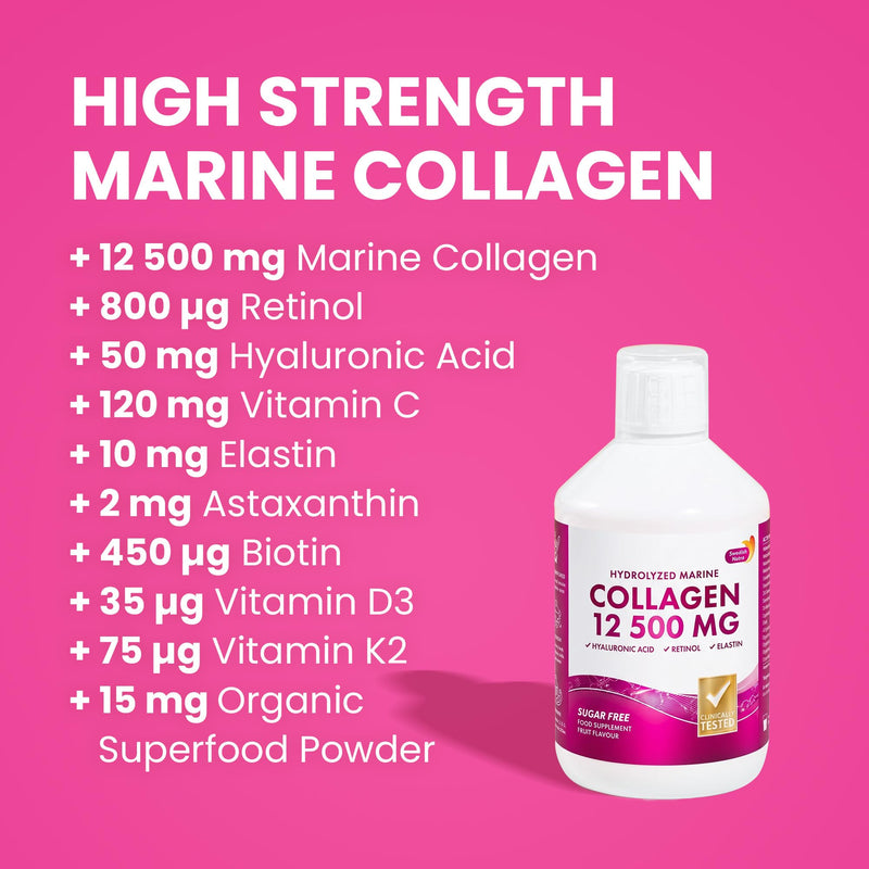 Swedish Nutra Marine Collagen 12,500 mg Liquid, 500 ml, 20 Day | 12,500mg Type 1 & 3 marine collagen with hyaluronic acid, biotin & vitamins for hair, skin, nails & joints; sugar free SN Marine Collagen 12 500 mg Sugar Free 500ml