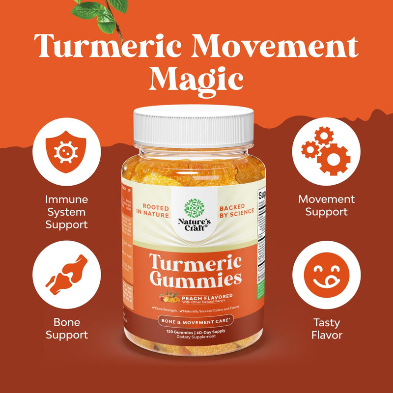 Natures Craft Turmeric Gummies for Adults - Extra Strength Immune Support Gummies with Turmeric Curcumin, Black Pepper Extract and Ginger - Peach Flavor Vitamins for Adults - 120 Count 120 Count (Pack of 1)