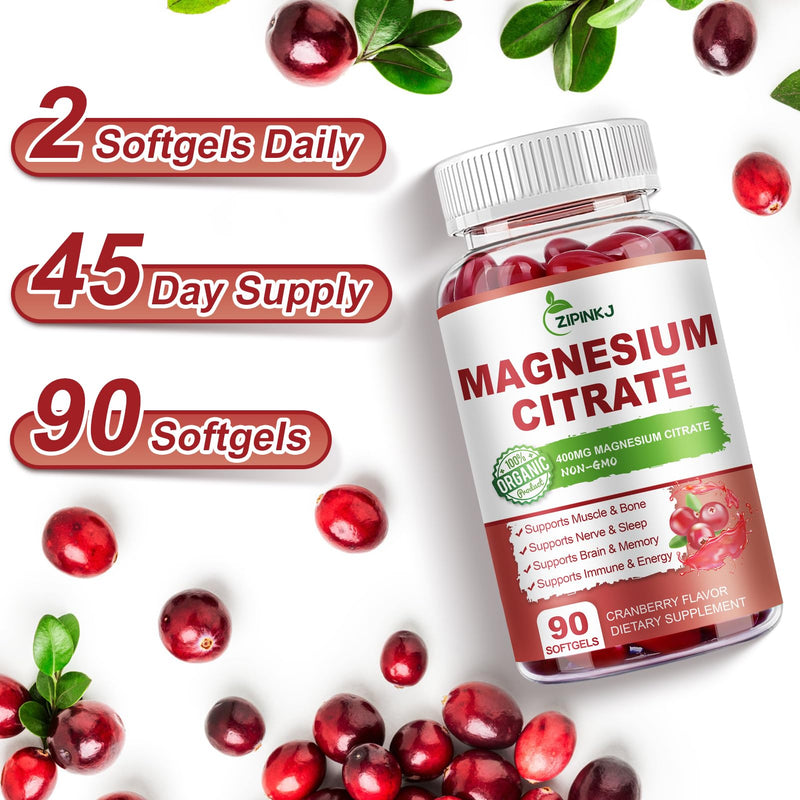 Magnesium Citrate Supplements 400mg for Women & Men, 180 Count | Magnesium Citrate with Vitamin D3, B6 and Cranberry Extract High Absorption for Night Quality, Muscle & Bone, 90 Servings 90 Count (Pack of 2)