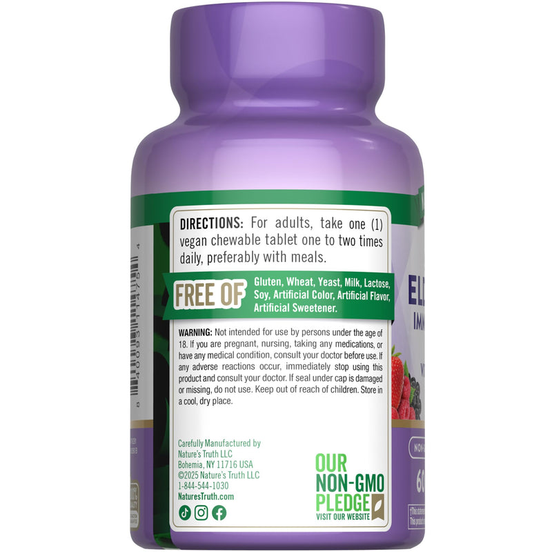 Nature's Truth Elderberry Immune Complex | 60 Chewable Tablets | Plus Vitamin C & Zinc | Mixed Berry | Vegan, Non-GMO & Gluten Free Supplement
