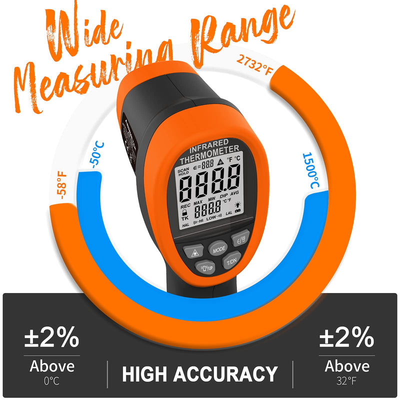 High Temperature Infrared Thermometer, AIOMEST Digital IR Pyrometer 30:1 Measure Temp -58~2732℉, Dual Laser Industrial Termómetro Handheld AI-1500 for HVAC Kilning Casting Pottery Forge Orange