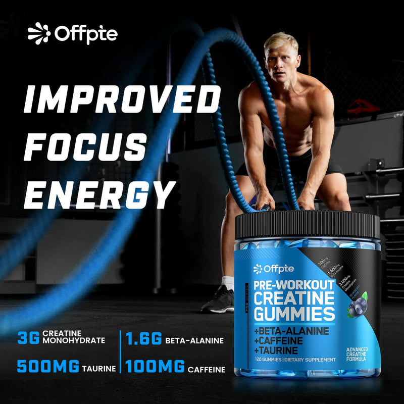 Pre Workout Gummies for Men & Women,Cheweable|Sugar-Free|PreWorkout Energy Gummies with Creatine Monohydrate, Beta-Alanine,Taurine for Strength & Endurance,120 Gummies, Blueberry Flavor - BeesActive Australia