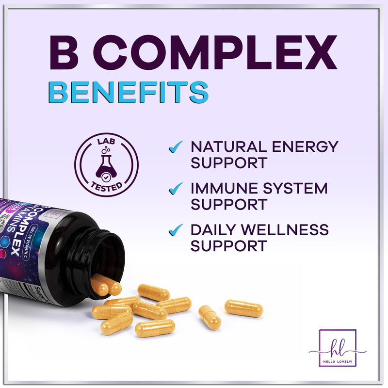 B Complex Vitamin Supplement - 3X Strength with Biotin, Vitamin C & Folic Acid - Super B12 Complex Vitamins for Energy, Supports Hair Growth, Immune Support for Women & Men, USA Bottled, 60 Capsules 60 Count (Pack of 1)