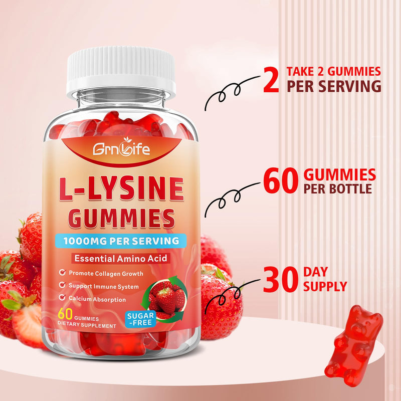 L-Lysine 1000mg Gummies, Chewable Lysine Supplement for Adults & Kids, Essential Amino Acid Supplement for Immune Support, Collagen Formation Support, Strawberry, 60 Count 60 Count (Pack of 1)