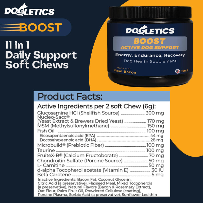 Boost Active Dog Support: Improve Energy, Endurance, Recovery & Longevity- 90ct USA Made with Real Bacon Boost