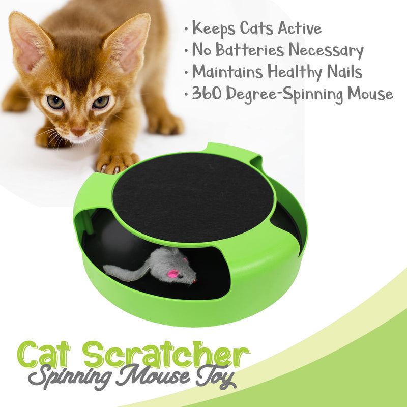 Interactive Cat Scratcher Toy – Manual Spinning Mouse for Natural Play & Claw Care – No Batteries, Quiet Design & Built-in Scratch Pad – 10" Spinning Cat Toy for Indoor Cats of All Ages Green Spinning Mouse - BeesActive Australia