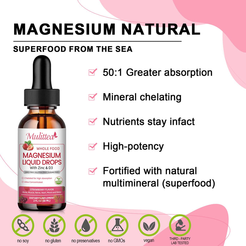 Magnesium Glycinate Liquid, High Potency Magnesium Glycinate & Whole Food Nutrition, Sugar Free Vegan Non-GMO Complex Supplement Promotes Nerv,Relaxation,Muscle,Sleep Support* 2 Fl Oz (Pack of 2)