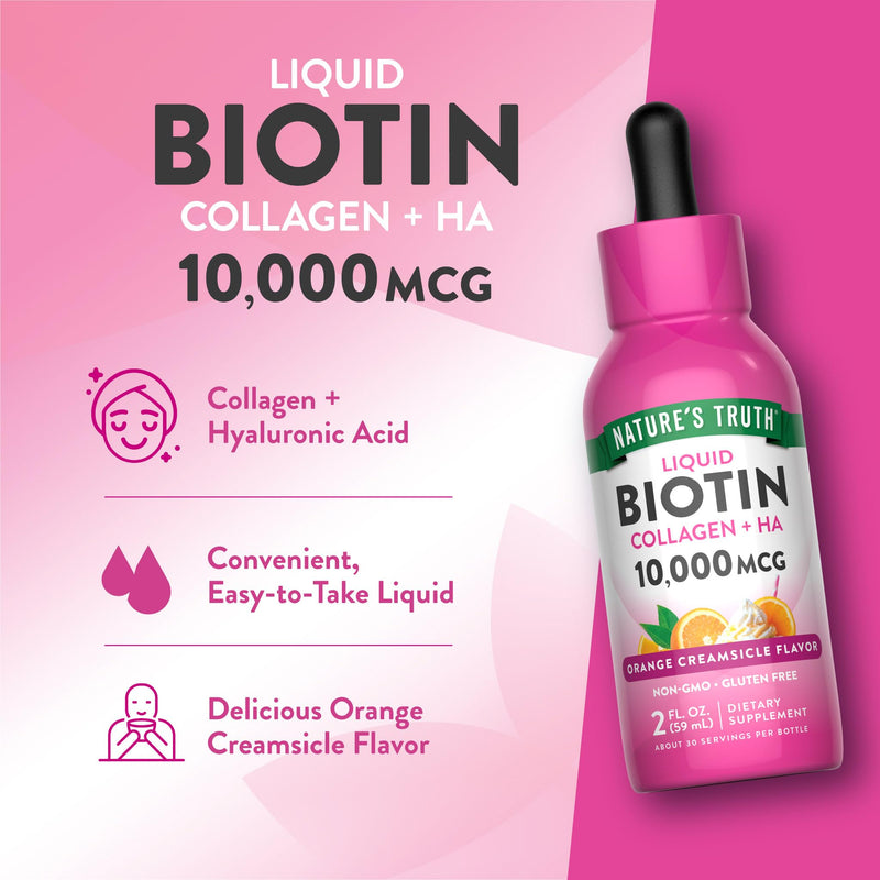 Nature's Truth Liquid Biotin and Collagen | 10,000mcg| 2 fl oz | with Hyaluronic Acid | Orange Creamsicle Flavor | Non-GMO & Gluten Free Supplement