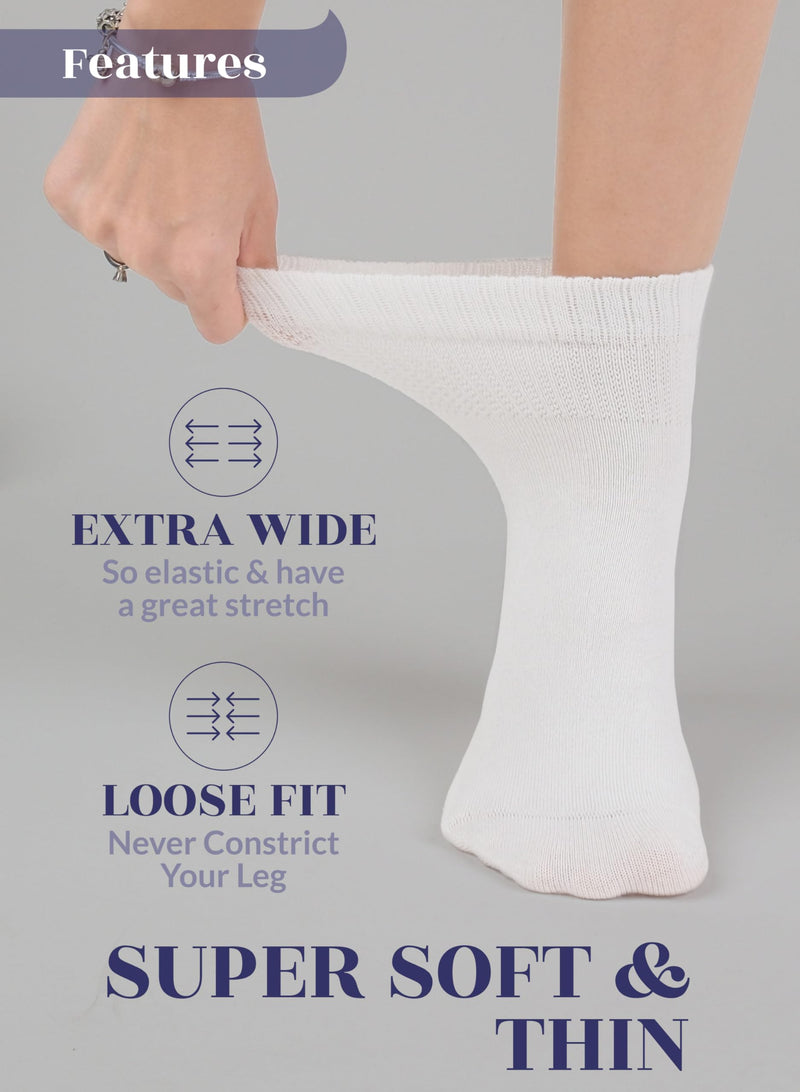 Hugh Ugoli Diabetic Socks for Women, Extremely Soft, Rayon derived from Bamboo, Ankle, Thin, Wide, Loose, Non-Binding Top 6-9 02- White (4 Pairs)