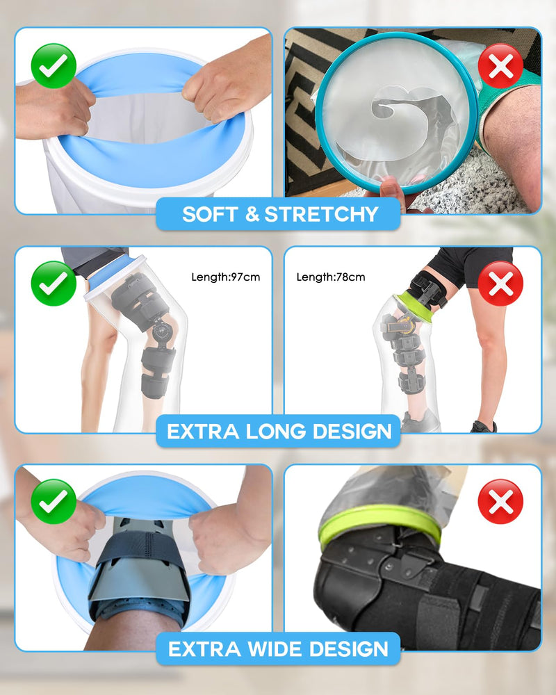 Waterproof Extra Wide Full Leg Cast Cover for Shower with Non-Slip Bottom, Extra Large Watertight Leg Cast Protector for Thigh Foot Ankle Surgery Wounds, Knee Immobilizer/Brace, Walking Boots,Reusable Full Leg-Extra Wide - BeesActive Australia