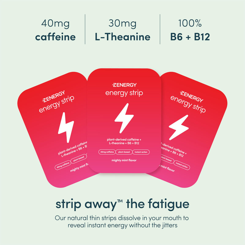ZENERGY Oral Energy Strips, Mint Flavor with 40mg Caffeine, 30 Strips | Caffeine Strips with 30mg L-Theanine, 100% Vitamins B6 & B12, Zero Calories, Sugar Free, Gluten Free, Aspartame Free, Vegan
