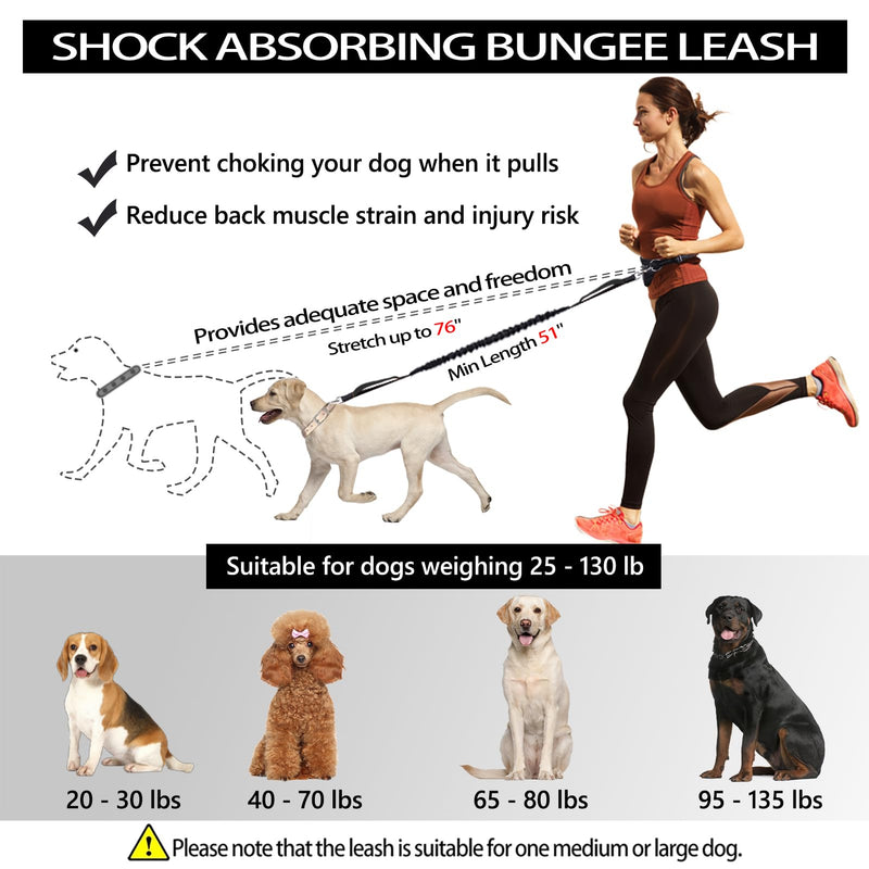 Hands Free Dog Leash, Waist Running Leash with Zipper, Walking Pouch for Medium Large Dogs, Dual Handle and Retractable Bungee for Training Jogging Hiking Black/Black