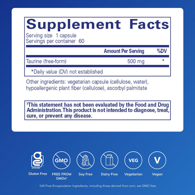 Pure Encapsulations Taurine 500 mg, 60 Capsules | Amino Acid Supplement to Support Heart, Cardiovascular, Brain, Gallbladder, Liver and Eye Health* 60 Count (Pack of 1)