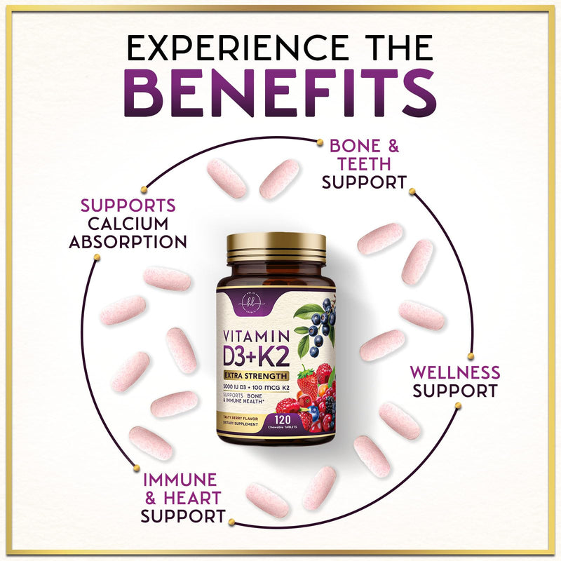 Vitamin D3 K2 - 5000 iu Vitamin D3 Per Serving Vitamin K2 (MK-7) Complex for Immune Support - Natural Bone, Teeth & Muscle Health Support - Berry Chewable, Gluten Free, Bottled in USA - 120 Tablets