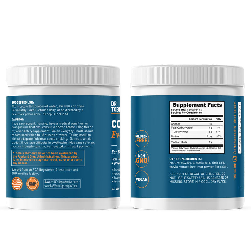 Dr. Tobias Colon Everyday Health - Gut Health for Women & Men - Psyllium Fiber Powder Drink with 4g Psyllium Husk Powder per Serving, Vegan, Gluten Free, Non-GMO, Strawberry Flavor, 60 Servings 10.2 Ounce (Pack of 1) - BeesActive Australia