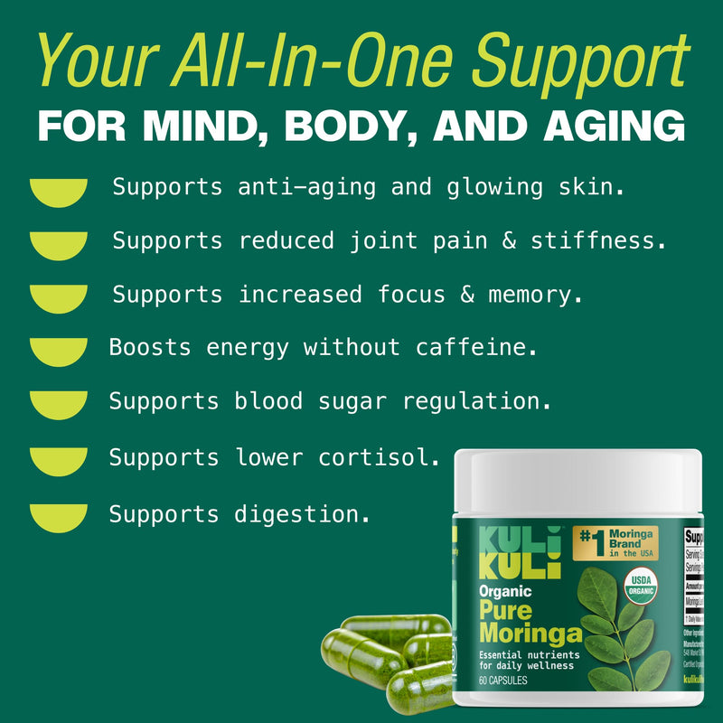Kuli Kuli Organic Moringa Leaf Powder Capsules, 120 Count Superfood | Premium nutrient-dense moringa supplement delivers natural energy, vitality, and wellness support for everyday health 60 Count (Pack of 2)