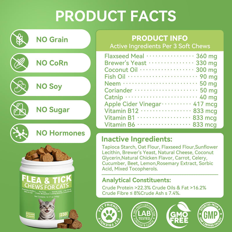 Cat Flea and Tick Chewables for Cats 230Ct, Natural Support Supplement, Flea Supplement for Cats, Flea and Tick Chews for Cats Kitten, All Breeds & Sizes, Digestive Health Chicken Flavor