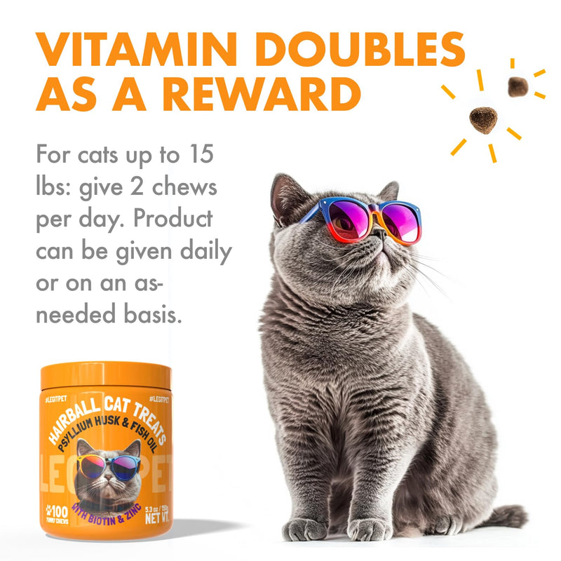 Hairball Treatment for Cats Natural Remedy with Apple Pomace, Psyllium Husk Omega 3 6 Fatty Acids Zinc Biotin Cat Supplement for Indoor Cats Promotes Healthy Digestion Furball Control 100 Yummy Chews Hairball 100
