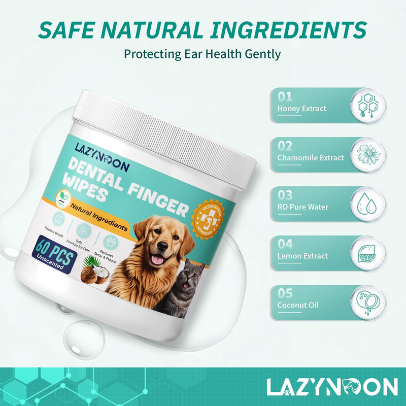 Dog Teeth Cleaning Wipes - Dog Dental Wipes, Pet Dental Finger Wipes for Dogs & Cats Teeth with Brushing Beads, Removes Plaque and Tartar Buildup, Freshens Breath, 60 Count Unscented - BeesActive Australia