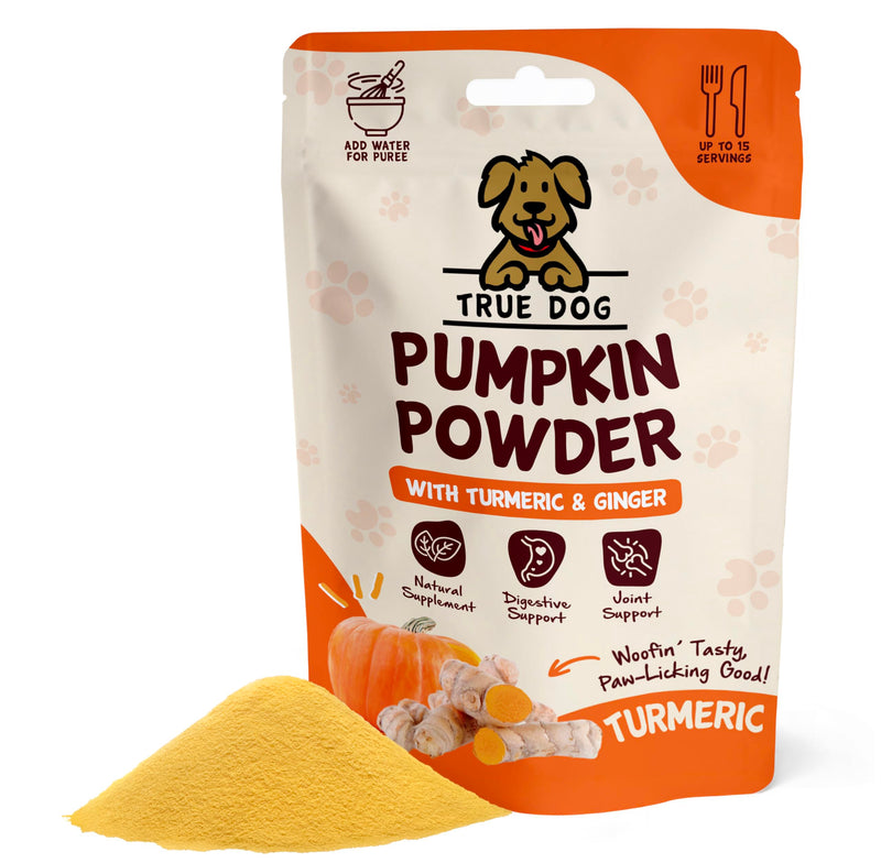 True Dog Pumpkin Powder with Turmeric 100g | Natural Pumpkin Puree Powder for Dogs, Digestive Supplement, Stool Firming, High Fibre Dog Food Topper, Manufactured in the UK