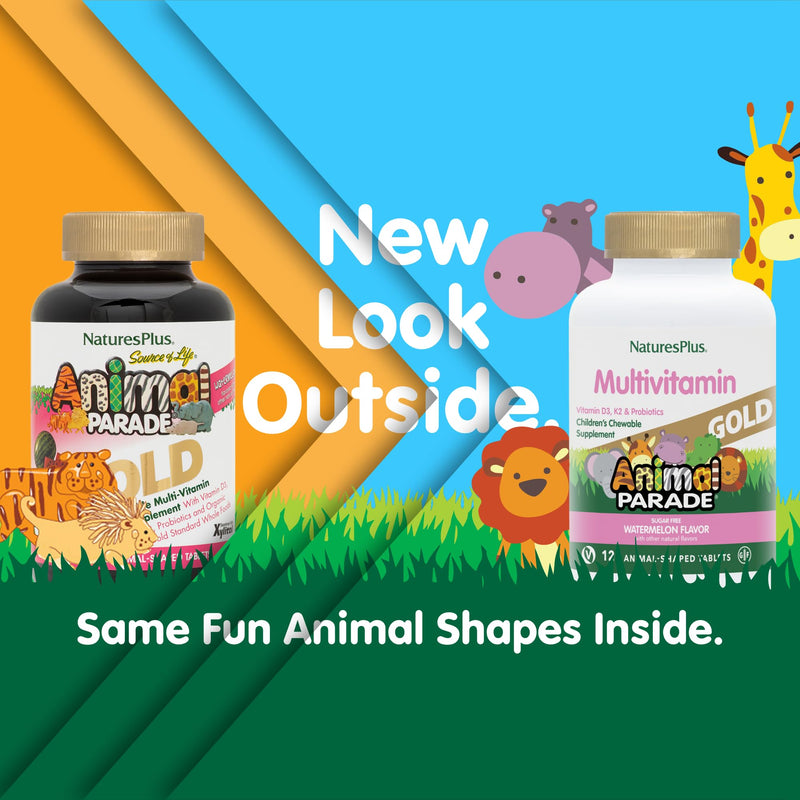 NaturesPlus Animal Parade Gold Multivitamin Children’s Chewables - Watermelon Flavor - 120 Animal-Shaped Tablets, Pack of 2 - Vitamin D3, K2 & Probiotics - Vegan, Gluten Free - 120 Total Servings 120 Count (Pack of 2)