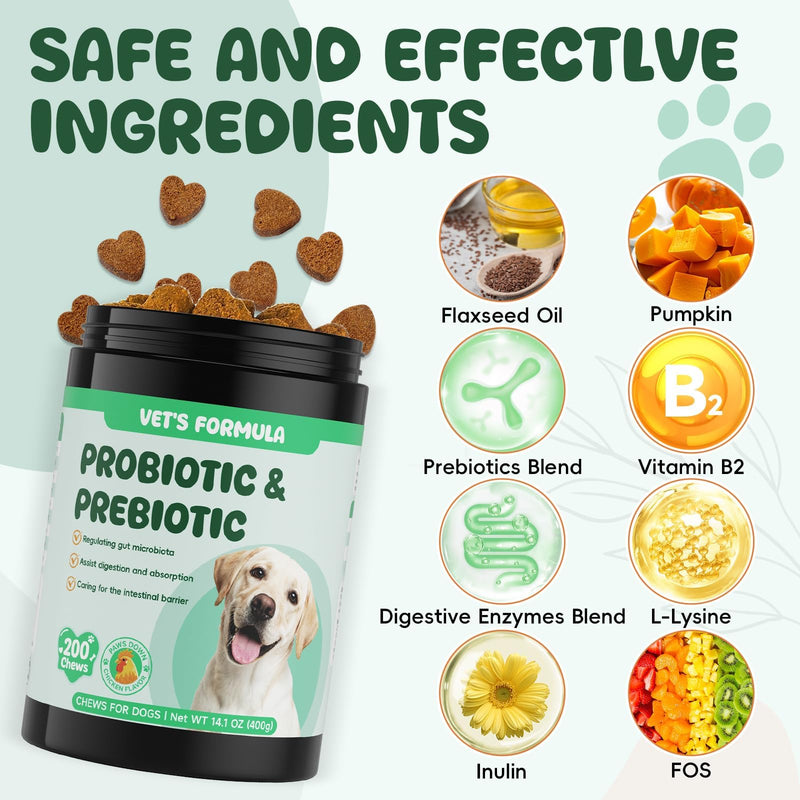 Probiotics for Dogs - Probiotic Chews for Dogs with Digestive Enzymes & Prebiotics, Gut Health & Bowel Support, Diarrhea Relief & Gas, Pumpkin for Sensitive Stomachs, 200 Count Chicken Flavor