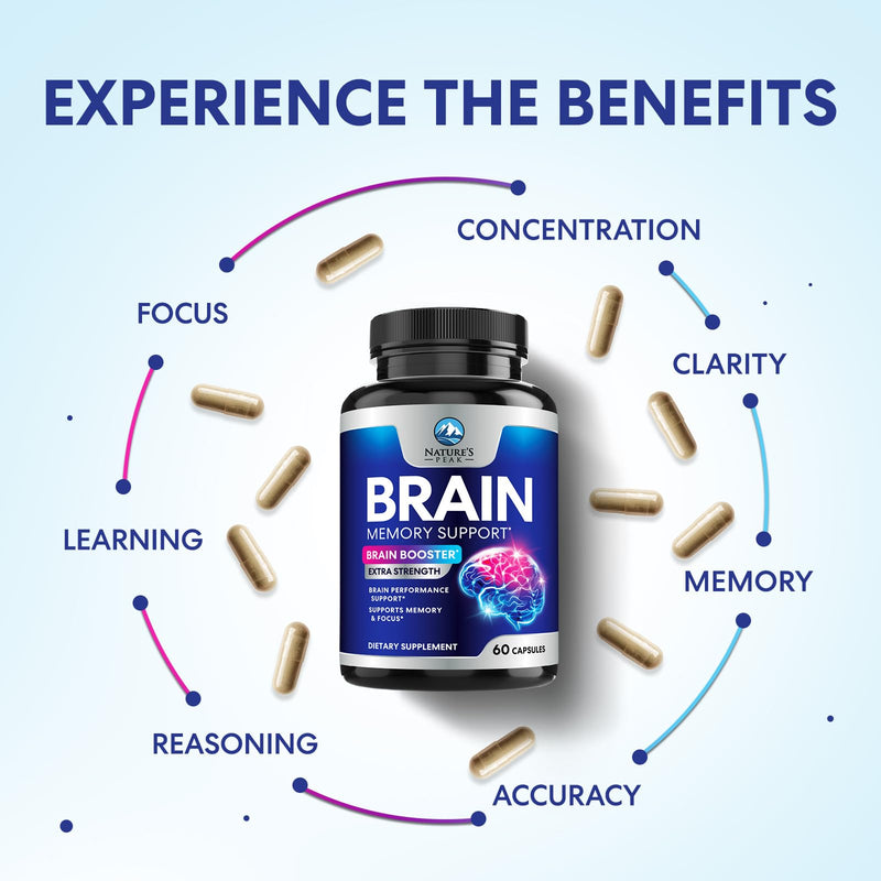 Brain Memory Supplement Pills - 3X Strength Nootropics for Concentration, Clarity & Focus Support - Brain Health Cognitive Vitamins B6 B12 with Folate & Phosphatidylserine, Brain Booster, 60 Capsules 60 Count (Pack of 1)