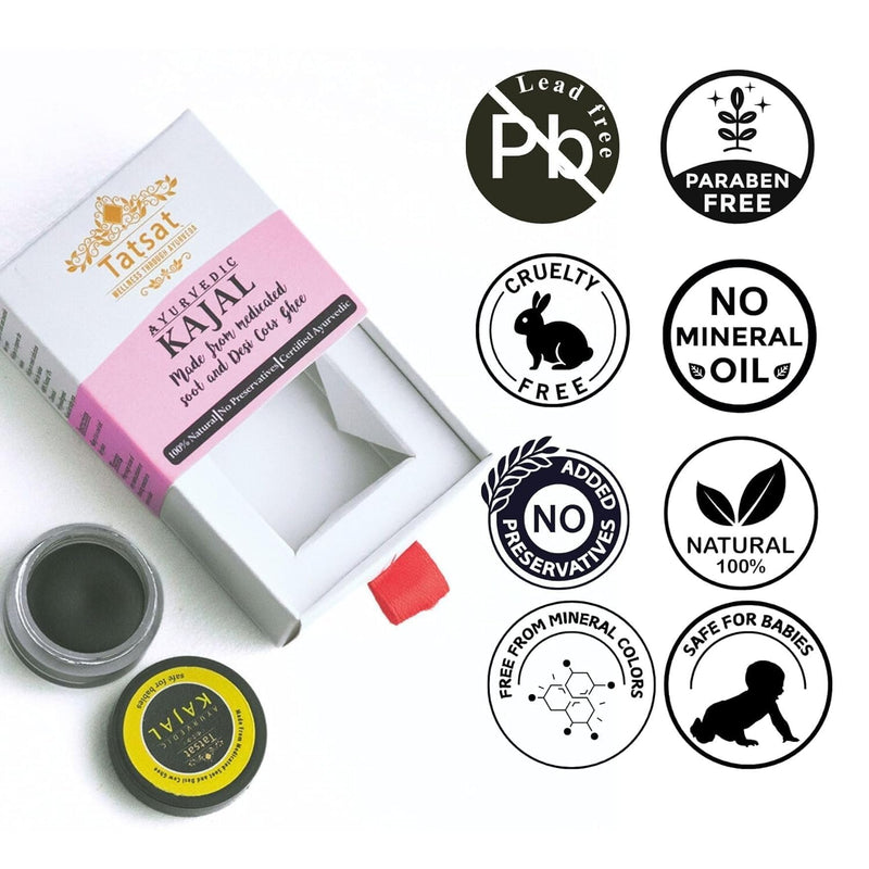TATSAT - WELLNESS THROUGH AYURVEDA BABY Kajal,Natural,herbal and ayurvedic With Medicated Soot And Desi Cow Ghee|Safe For Babies|Lab Tested|No Preservatives, Black, Matte Finish