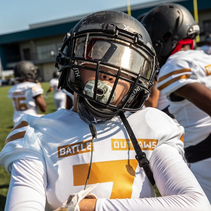Battle Sports Oxygen Football Mouthguard - Football Mouth Guard with Strap, Superior Airflow & Better Performance, Maximum Breathability, Works with Braces - Texas Plate/White - BeesActive Australia