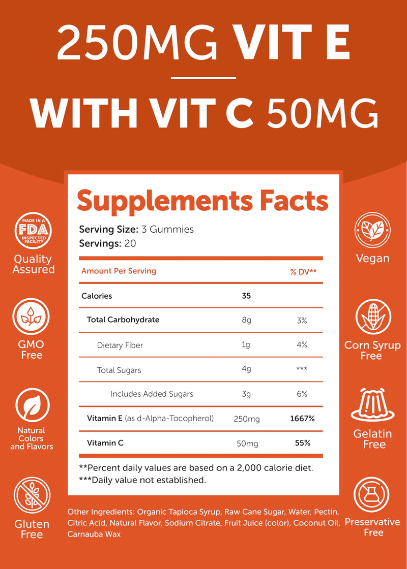 Vitamin E Gummies with Vitamin C - Tastiest Proprietary Formula - 250mg (400IU) Vit E - Antioxidant, Skin & Eye Health Support, Non-GMO, Vegan Vitamin E Supplement - Natural Vitamina E Gummy - 60Count Single Bottle - BeesActive Australia