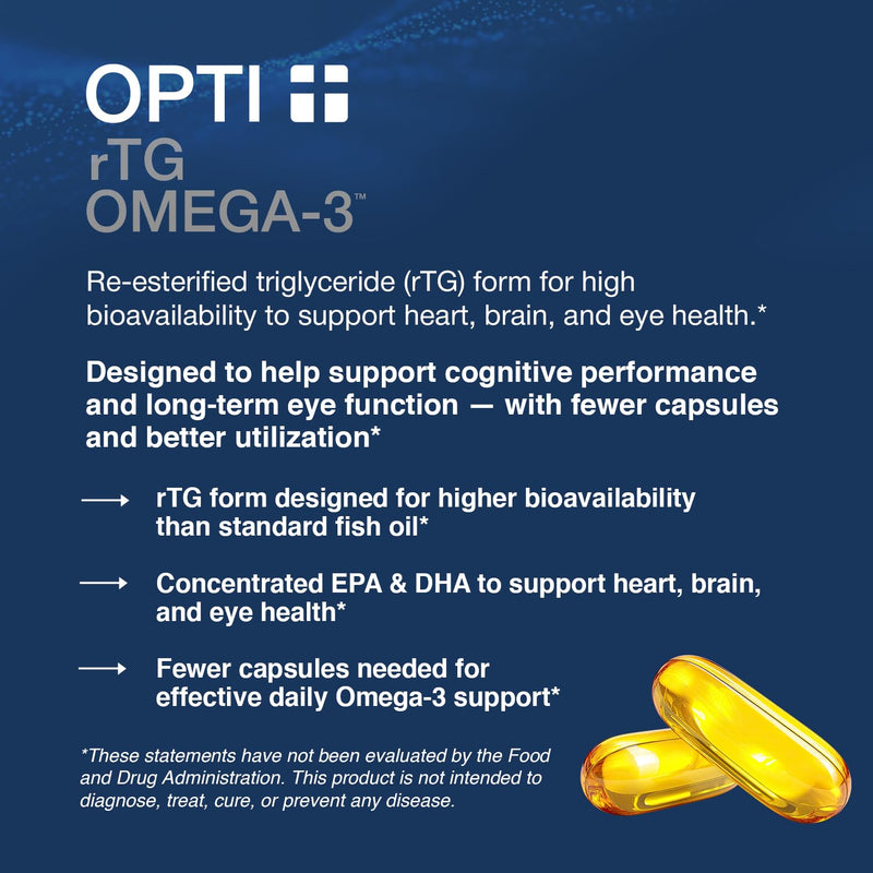 Opti + Omega 3 Fish Oil | EPA DHA, Heart Brain Joint Support* | Doctor Formulated | Daily Use Omega 3 DHA EPA | Burpless Softgels | 120 Softgels/ 60 Servings