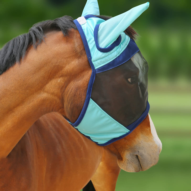 Harrison Howard Luxe Dual-Tone Horse Fly Mask Half Face with Ears Fully Visible UV-Blocking Fine Mesh Soft Fleece Edging for Extra Comfort Summer Mint/Navy M Cob Cob (Medium) - BeesActive Australia