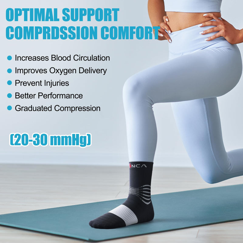 NEENCA Professional Compression Socks for Women Men Circulation, 20-30 mmHg Black White Medium