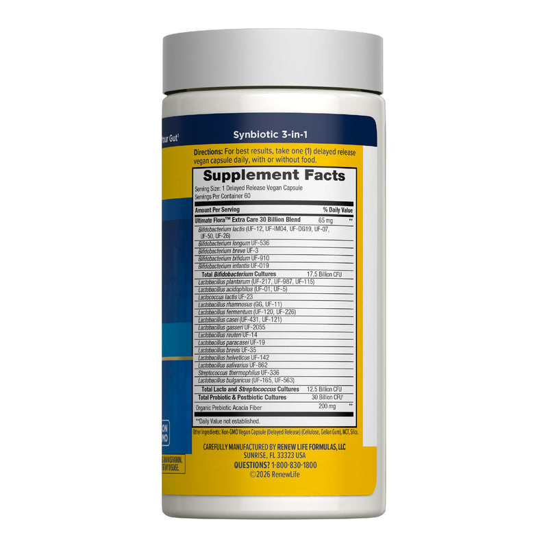 RenewLife Extra Care Ultimate FLORA Probiotic, 60 capsules | 60 Vegetarian Capsules | Supports Digestive, Immune & Respiratory Health | Dairy, Soy and Gluten-Free Supplement 30 Billion CFU 60 Count (Pack of 1)