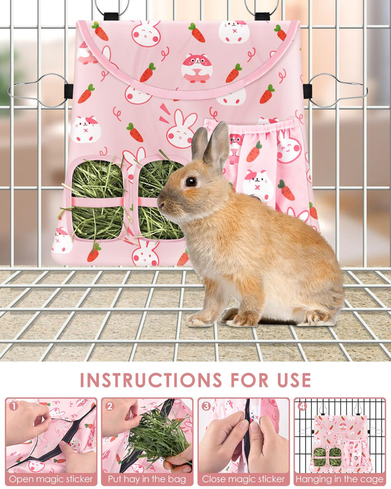Bissap Rabbit Hay Feeder Bag, 2 Holes Hanging Hay Feeder Guinea Pig Hay Bag with Side Pocket for Rabbits Bunny Chinchillas Hamsters Rats and Other Small Pets Small Animal - S (Pink) ﻿ - BeesActive Australia