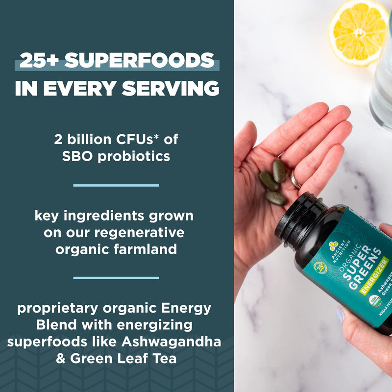 Ancient Nutrition Organic Super Greens Energize Capsules + Probiotics Multivitamin