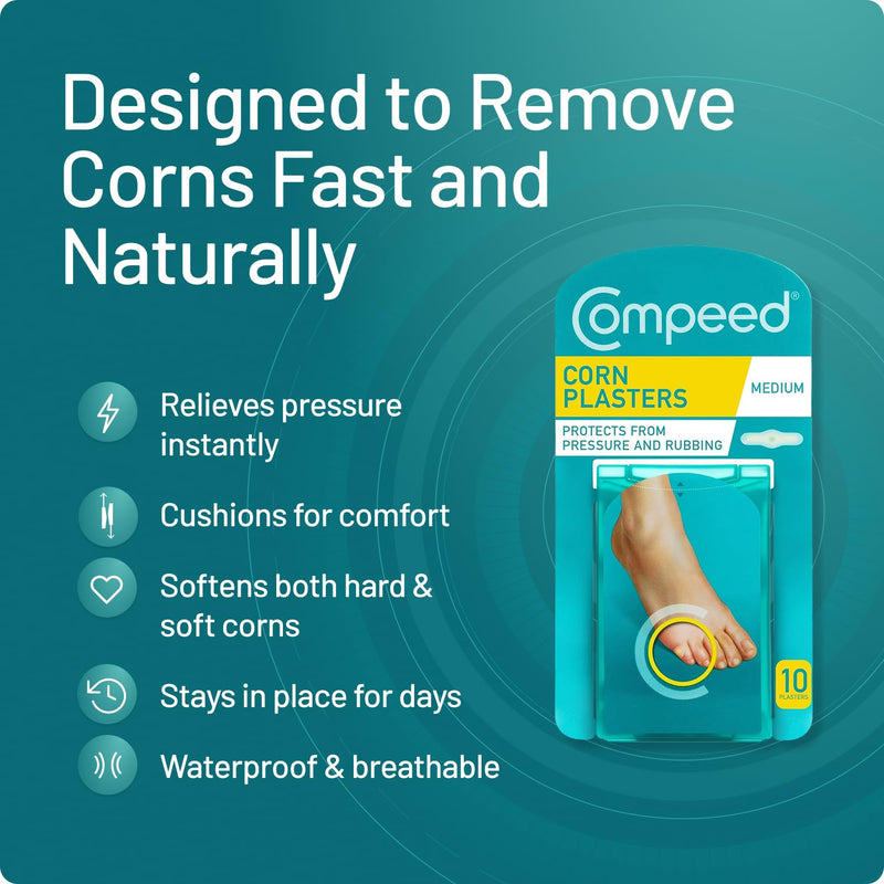 Compeed Corn Medium Size Plasters, 10 Hydrocolloid Plasters, Foot Care, Fast Natural Corn Removal, Dimensions: 1.7 cm x 6.0 cm - BeesActive Australia
