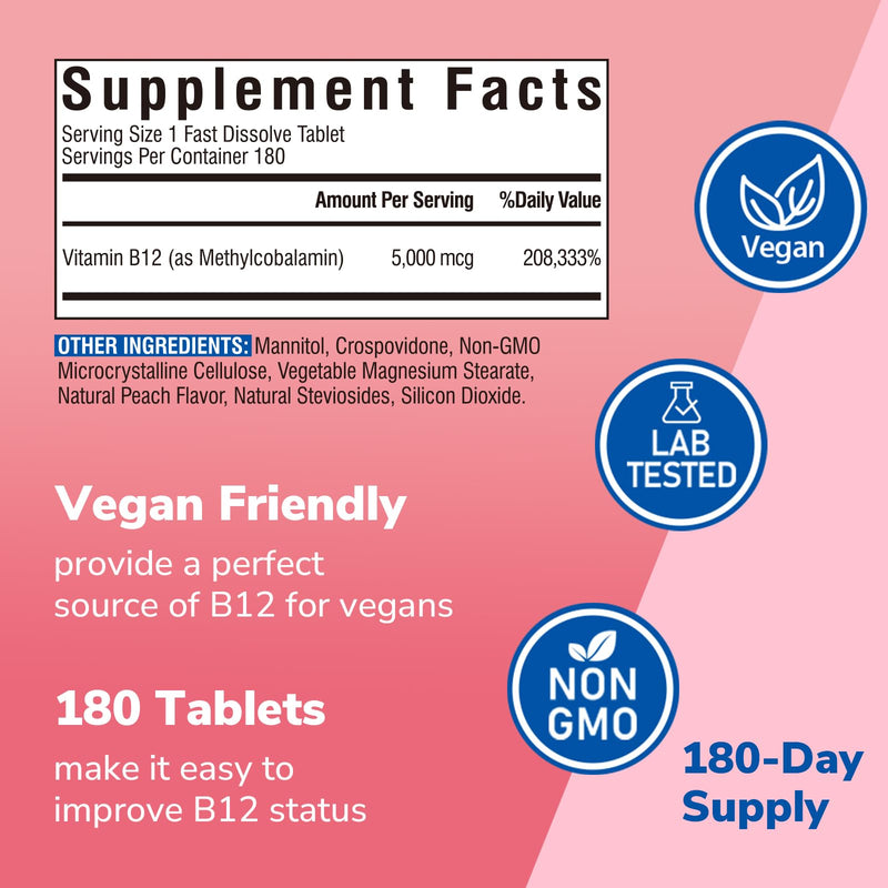 Vitalibre Vitamin B12 Sublingual 5000 mcg, Methylcobalamin, Bioactive Form | High Absorption, Vegan, Nerve, Energy, Immune, Mood Support, Natural Peach Flavor, 180 Fast Dissolve Mini Tablets, No Sugar 180 Count (Pack of 1)