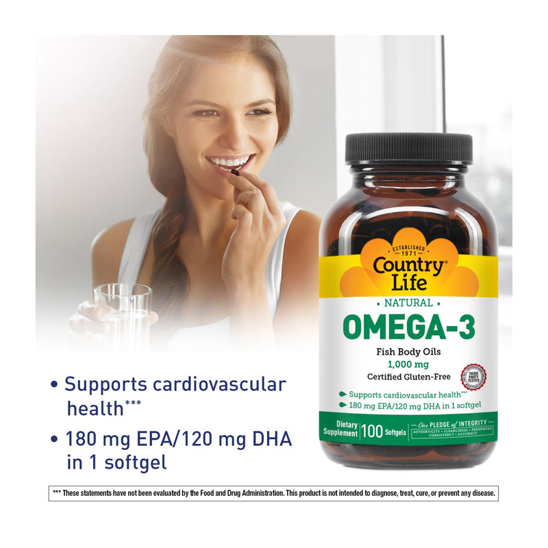 Country Life Omega-3 Fish Oil 1000 mg, EPA DHA, 100 Softgels | Burpless formula provides 180 mg EPA and 120 mg DHA per softgel for cardiovascular support Unflavored 100 Count (Pack of 1)